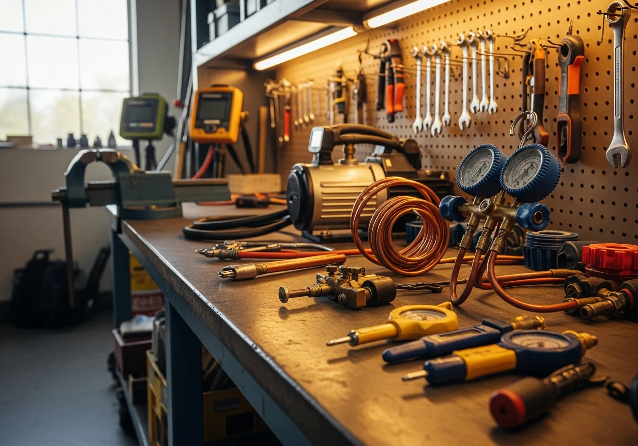 HVAC technician tools and equipment on a work bench, representing professional air conditioning and refrigeration service.