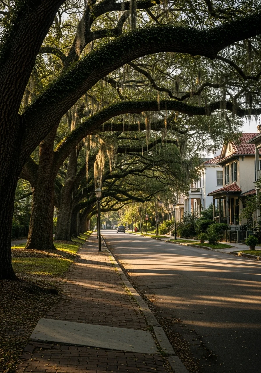 Close-up of a Jacksonville residential street lined with mature oak trees and historic homes with Spanish moss.