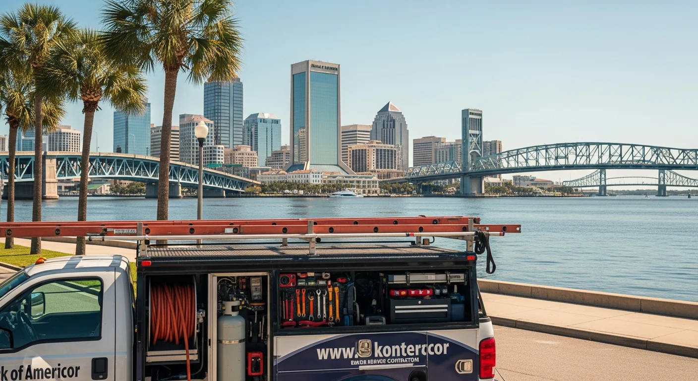 Wide view of Jacksonville skyline with St. Johns River in foreground, showing downtown buildings and bridges under clear sky.