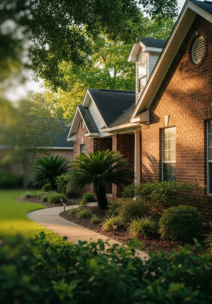 Close-up of a well-maintained Orange Park home exterior with brick and siding, surrounded by landscaping.