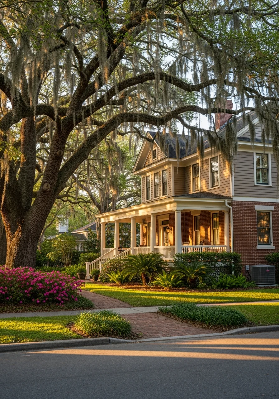 Historic Palatka residential street with period architecture and Spanish moss-draped oak trees.