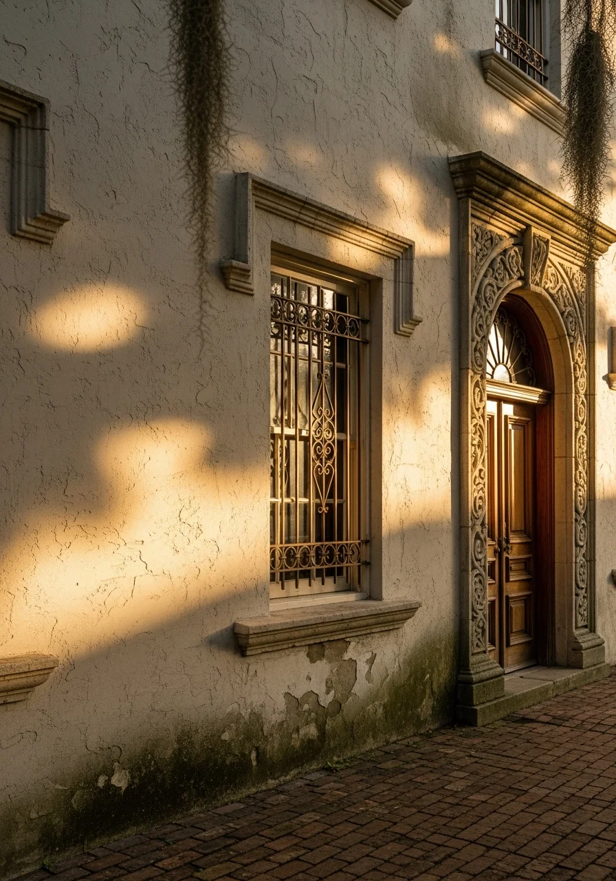 Detail of a restored St. Augustine historic home facade with period-appropriate windows and architectural features.