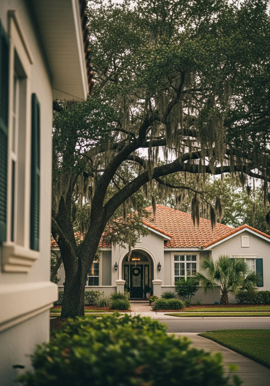 St. Johns County home exterior with Spanish moss-draped trees and coastal vegetation, showing regional character.