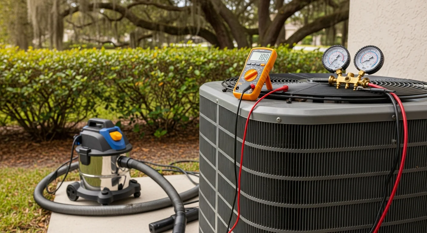 A Zippy's A/C and Ice technician inspecting the evaporator coil and condensate drain line on a residential air handler unit inside a Jacksonville, Florida home. The outdoor condenser unit is visible through a nearby window in a typical Florida residential setting.
