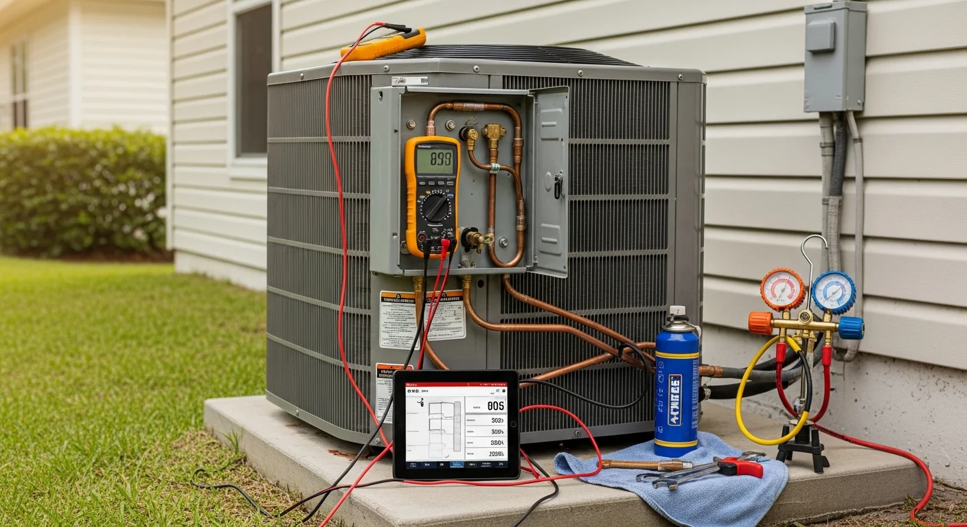 A Zippy's A/C and Ice technician inspecting an outdoor AC condenser unit at a residential property in Jacksonville, Florida. The technician checks electrical connections and refrigerant lines on a sunny day with a typical Jacksonville suburban home visible in the background.