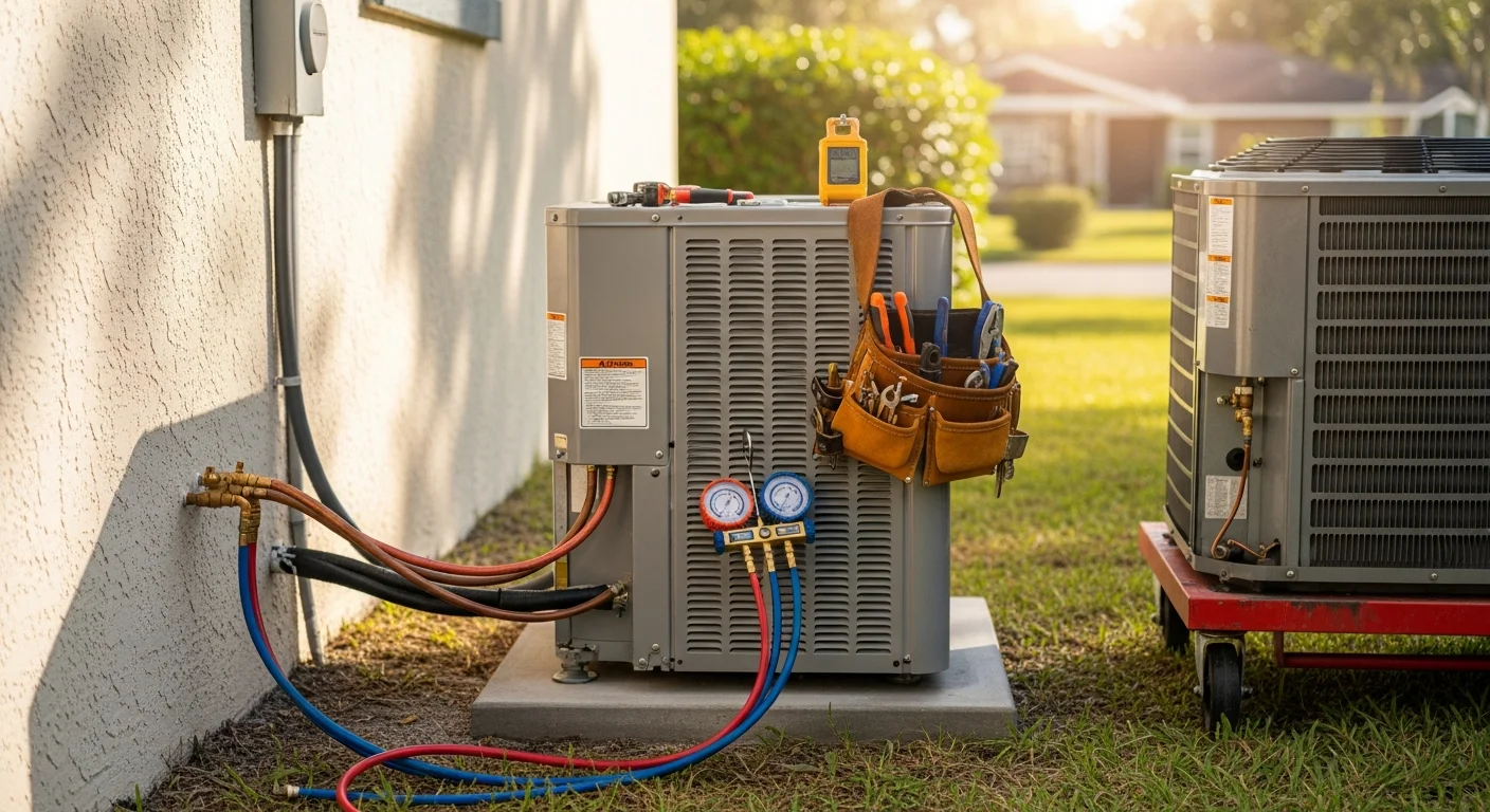 A new residential AC outdoor condenser unit installed on a concrete pad beside a Jacksonville, Florida home. A technician from Zippy's A/C and Ice checks the system connections after completing the replacement.