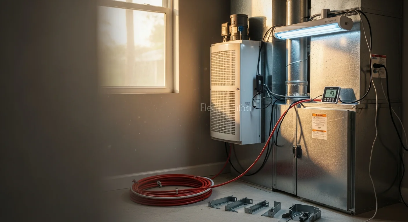 A Zippy's A/C and Ice technician installing a whole-home air quality system into residential HVAC ductwork in a Jacksonville, Florida home. The image shows the indoor air handler unit with a UV germicidal light and upgraded filtration components fitted into the duct system.