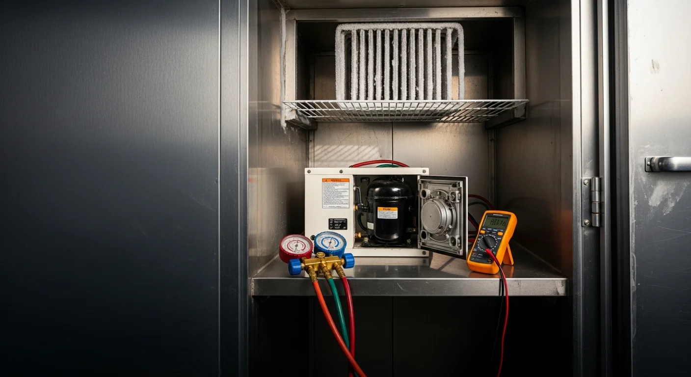 A commercial technician from Zippy's A/C and Ice inspecting the condenser coils on a walk-in cooler unit at a Jacksonville, Florida food service business. The technician uses diagnostic tools to assess cooling performance inside a commercial kitchen setting.