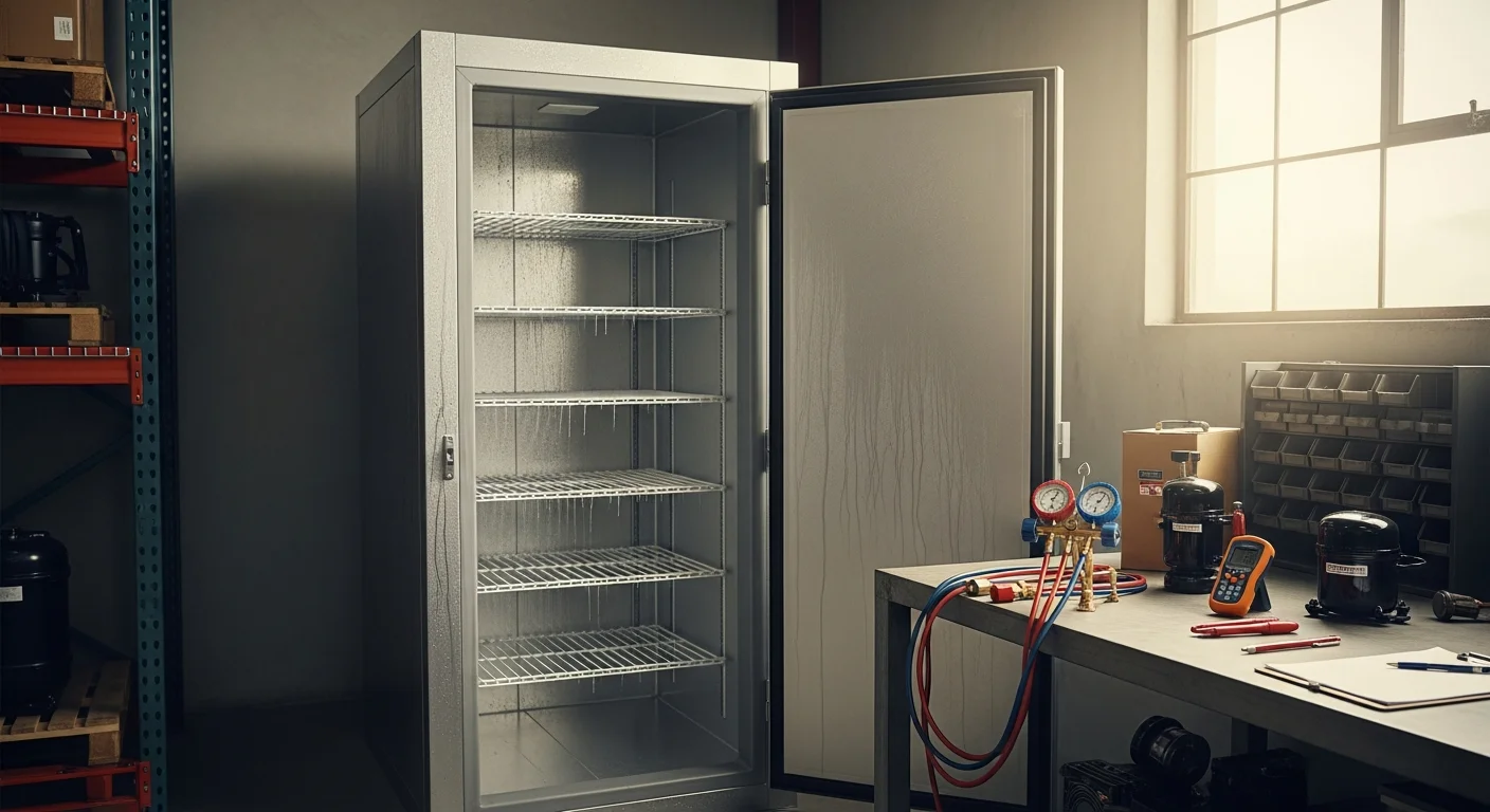 A newly installed commercial reach-in refrigeration unit inside a Jacksonville, Florida food service business. The unit displays clear interior lighting and clean door seals, ready for active use in a commercial kitchen setting.