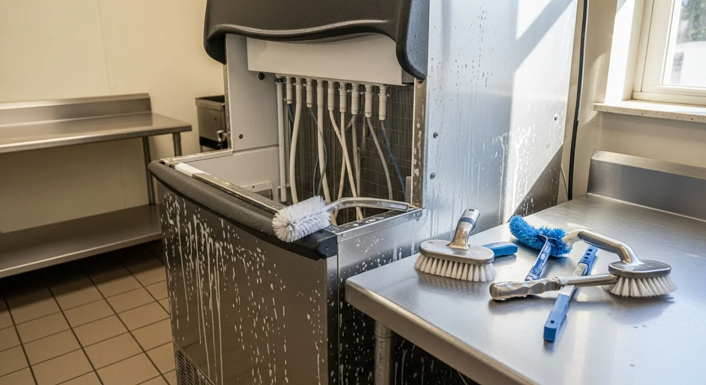 A commercial ice machine bin interior being professionally cleaned and sanitized at a Jacksonville, Florida food service business. The technician is wiping down the evaporator plate and bin walls as part of a full ice machine cleaning service.
