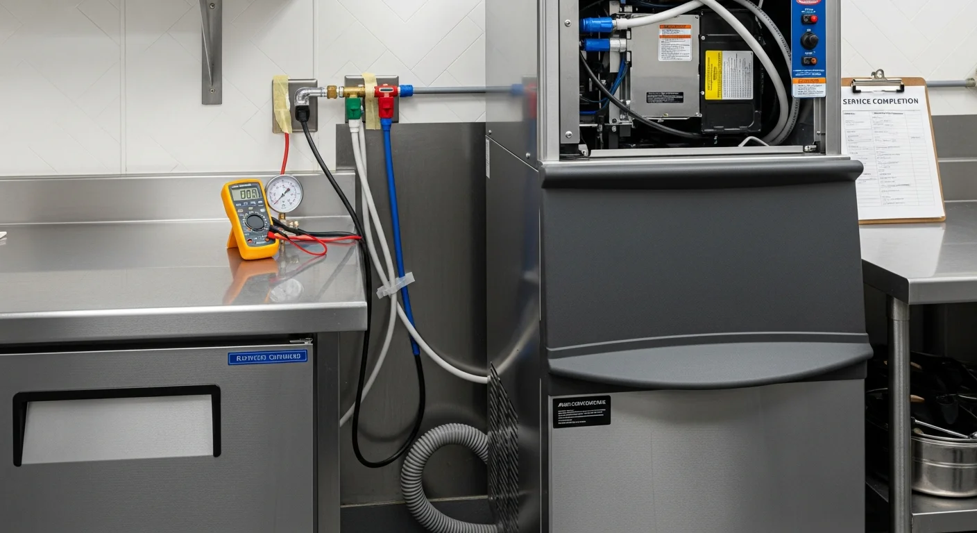 A commercial ice machine installed against a wall in a Jacksonville, Florida food service kitchen, with water lines and drain connections visible at the base. The unit is positioned with open airflow clearance on all sides in a clean, well-lit commercial space.