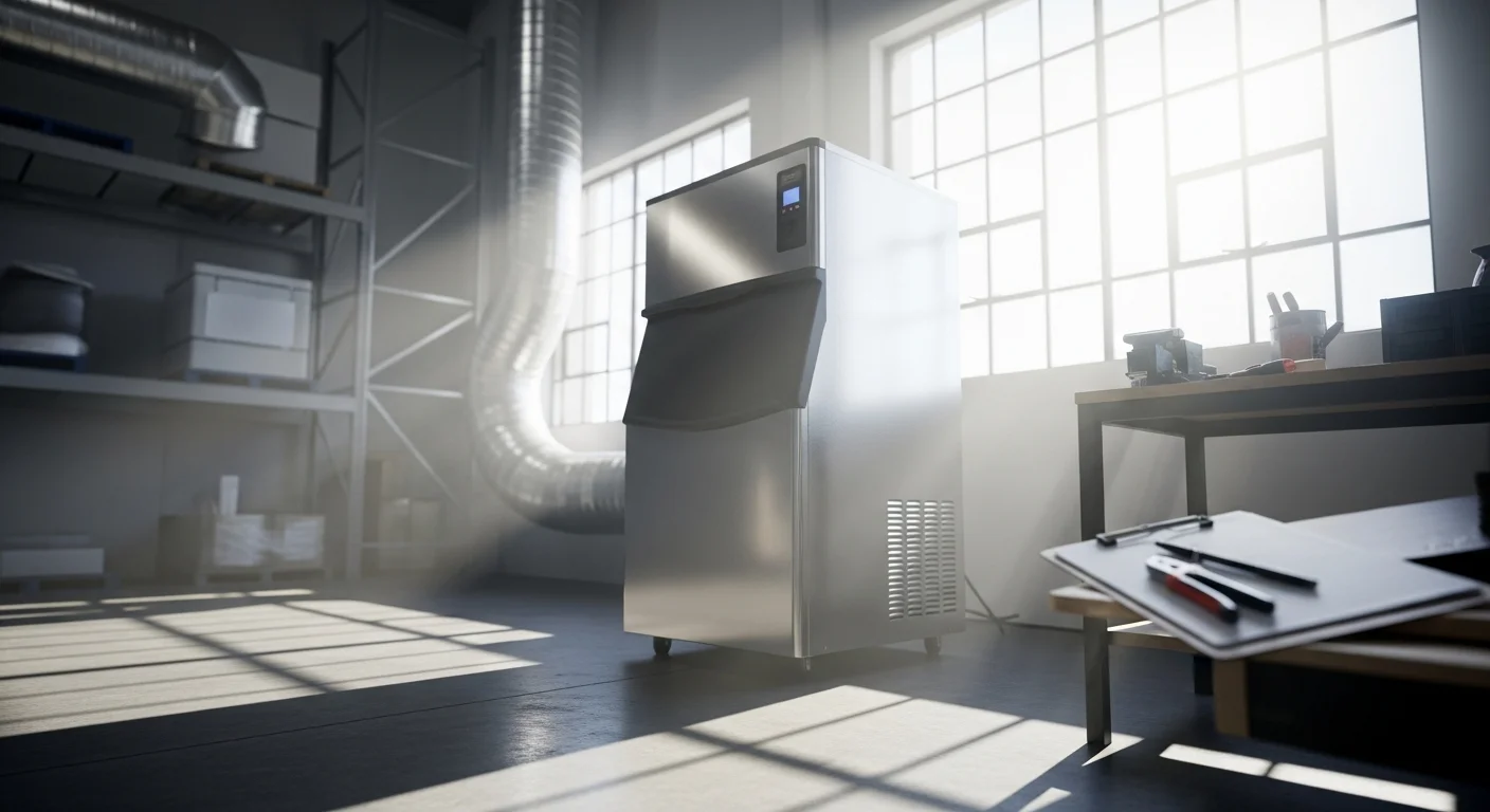A commercial ice machine installed in a Jacksonville, Florida food service kitchen, producing ice for a high-volume restaurant operation. The unit is positioned in a back-of-house space with visible drainage and ventilation clearance.